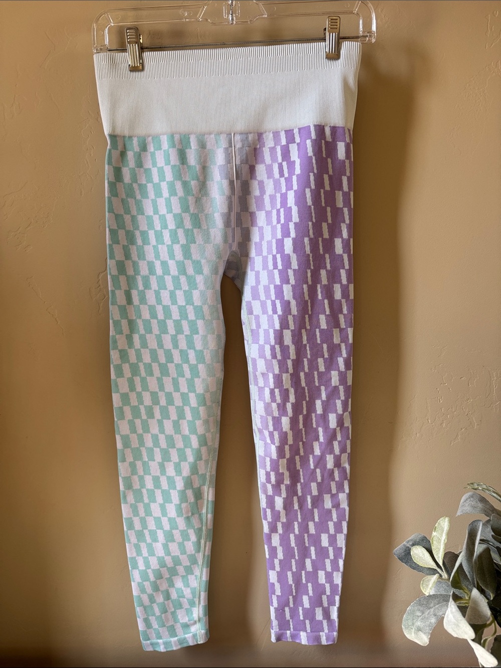 Fabletics Mint & Lavender Checker Knit Leggings